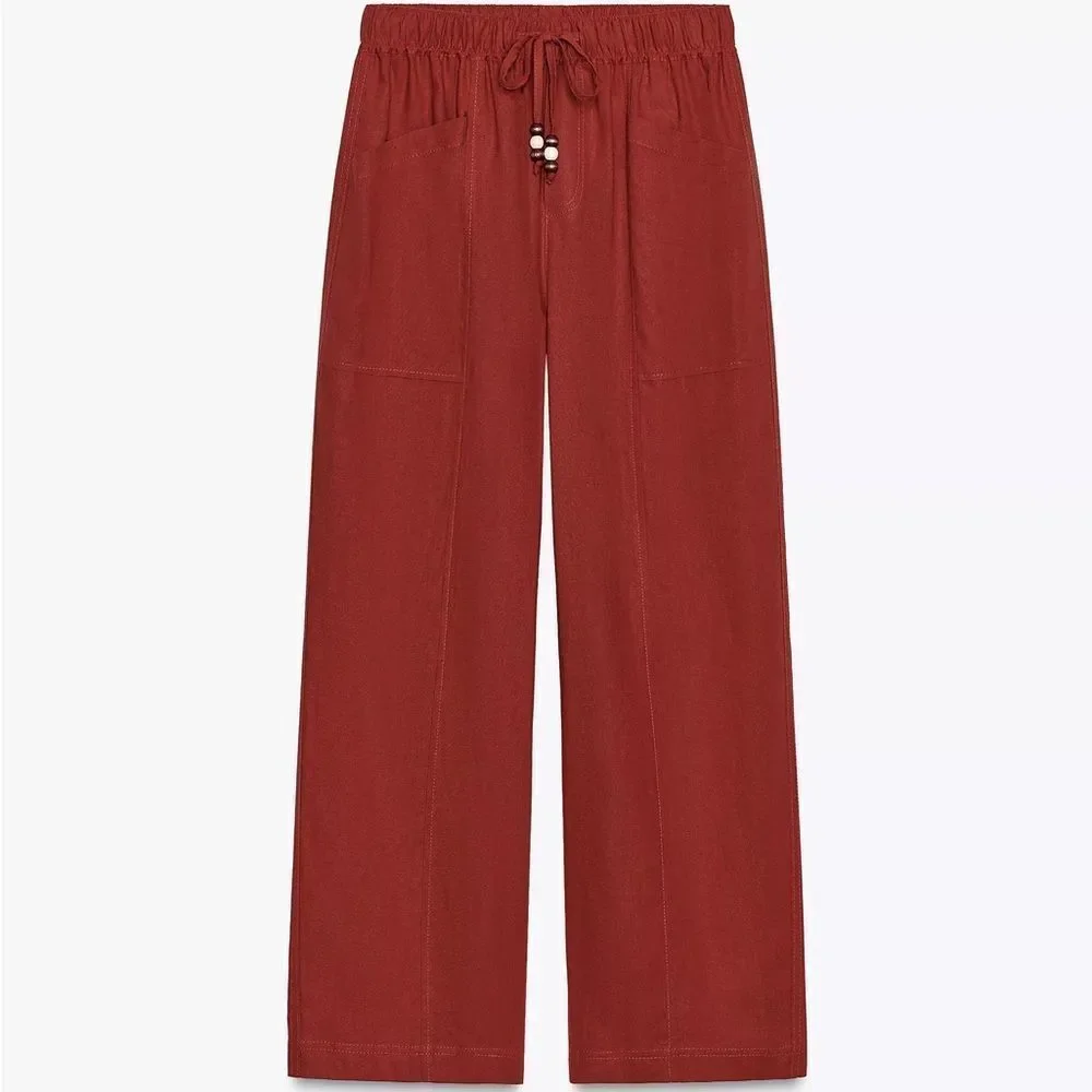 ZARA LINEN BEADED DRAWSTRING PANTS BRICK